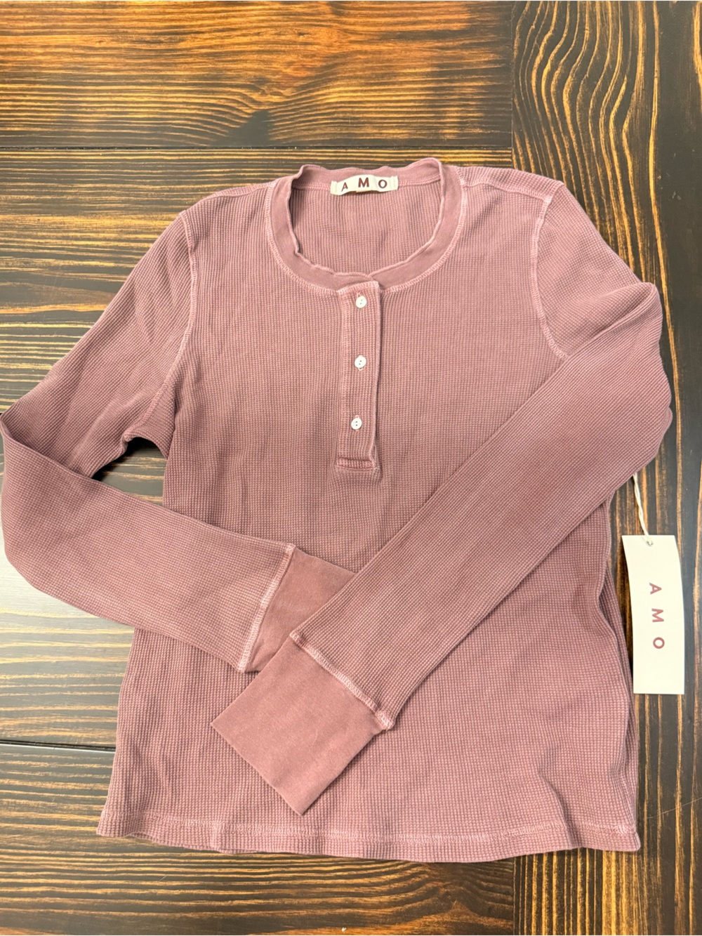 NWT AMO Denim brand Thermal Henley Tee Mauve Waffle Knit Top L